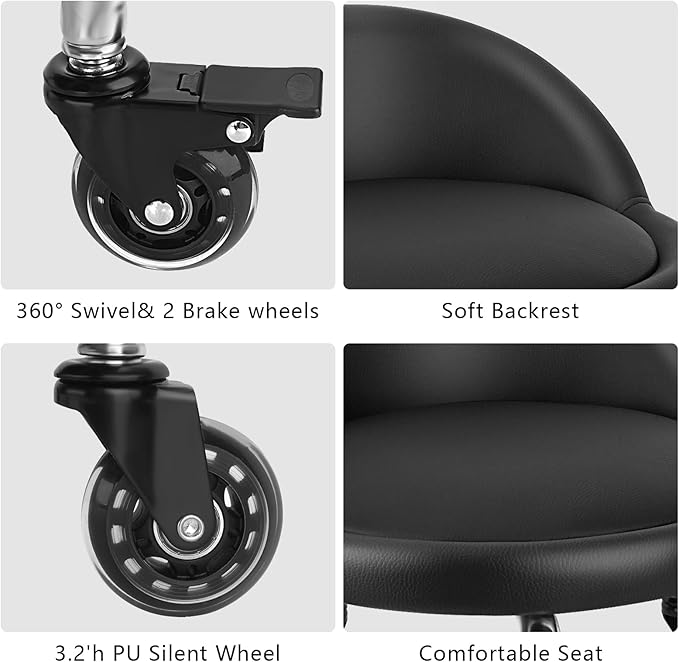 LWADALN Rolling Stool with Backrest Low Height Rolling Stool with PU Leather, Roller Stool Chair, Roller Seats for Home, Office, Garage, Shop, Library (3.2" h Casters)
