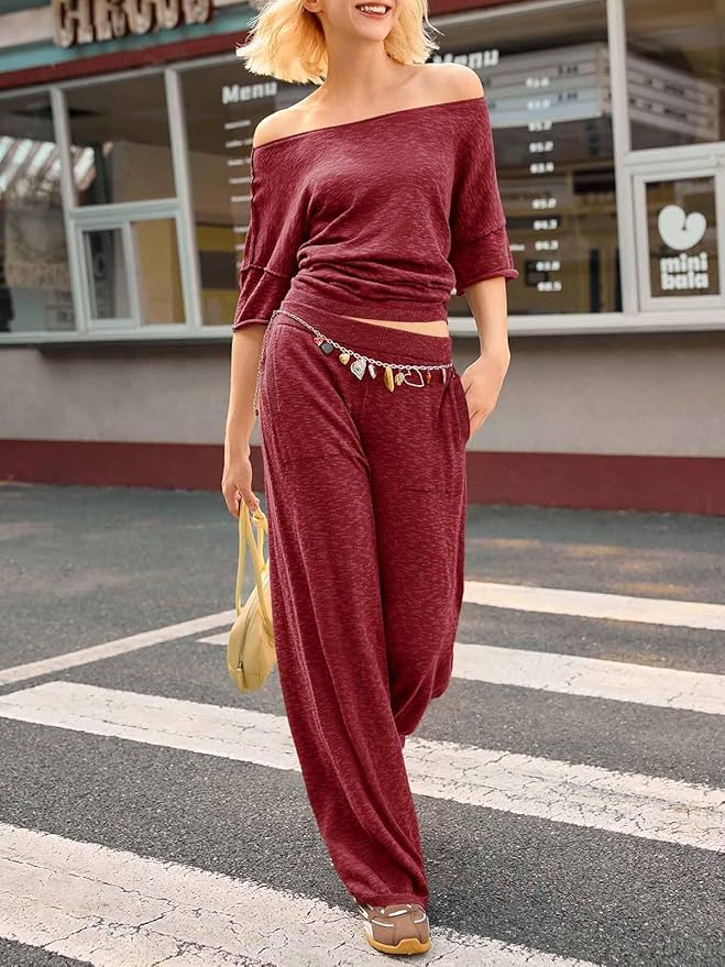 Tankaneo Women's 2 Piece Travel Outfits Casual Short Sleeve Knit Sweater Set Wide Leg Pants Lounge Sets Tracksuit