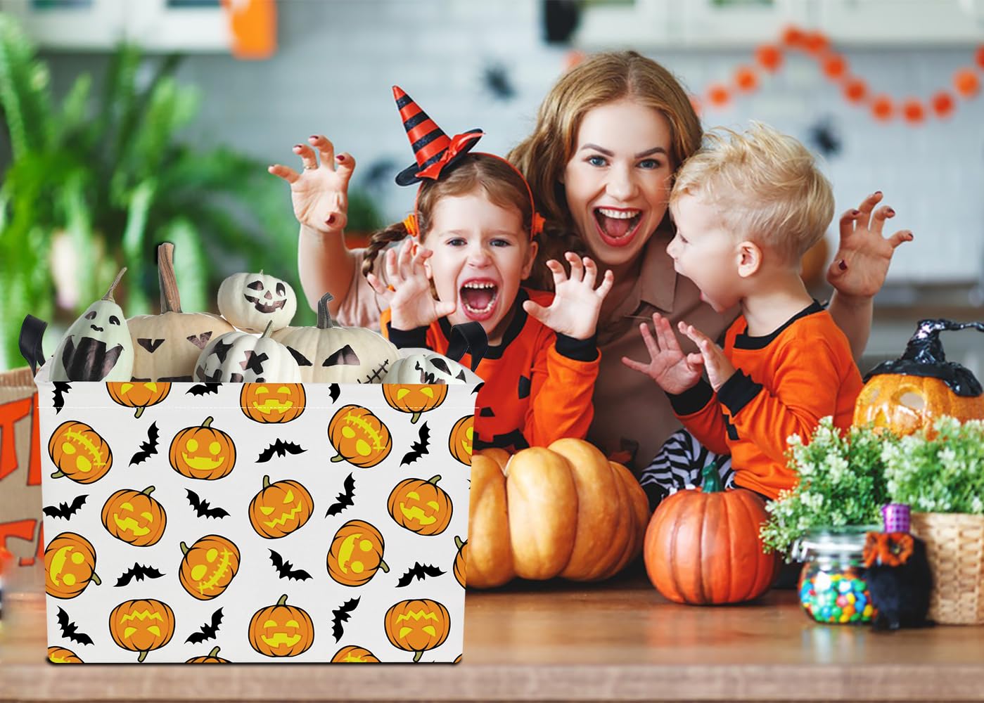 NTAOHAMPER Rectangular Storage Basket Empty, Storage Bin with Handles, Room Decor, Gift Basket, Book Box(Pumpkin Halloween)