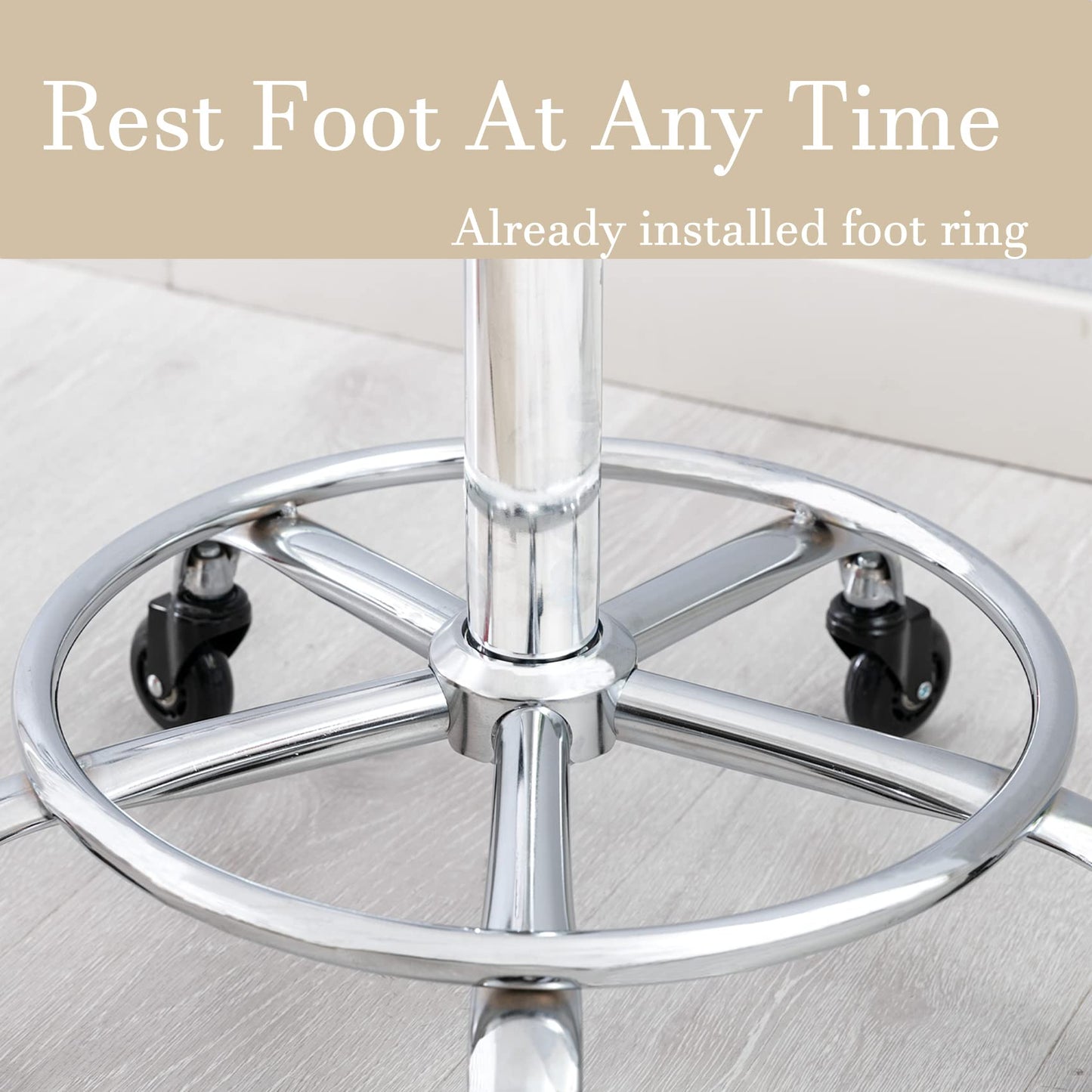 CoVibrant Heavy Duty Adjustable Rolling Stool with Wide Seat, Lockable Rubber Wheels & Footrest - Swivel Stool Chair for Kitchen, Lab, Office, Salon, Home (Cream, 19''-24'')