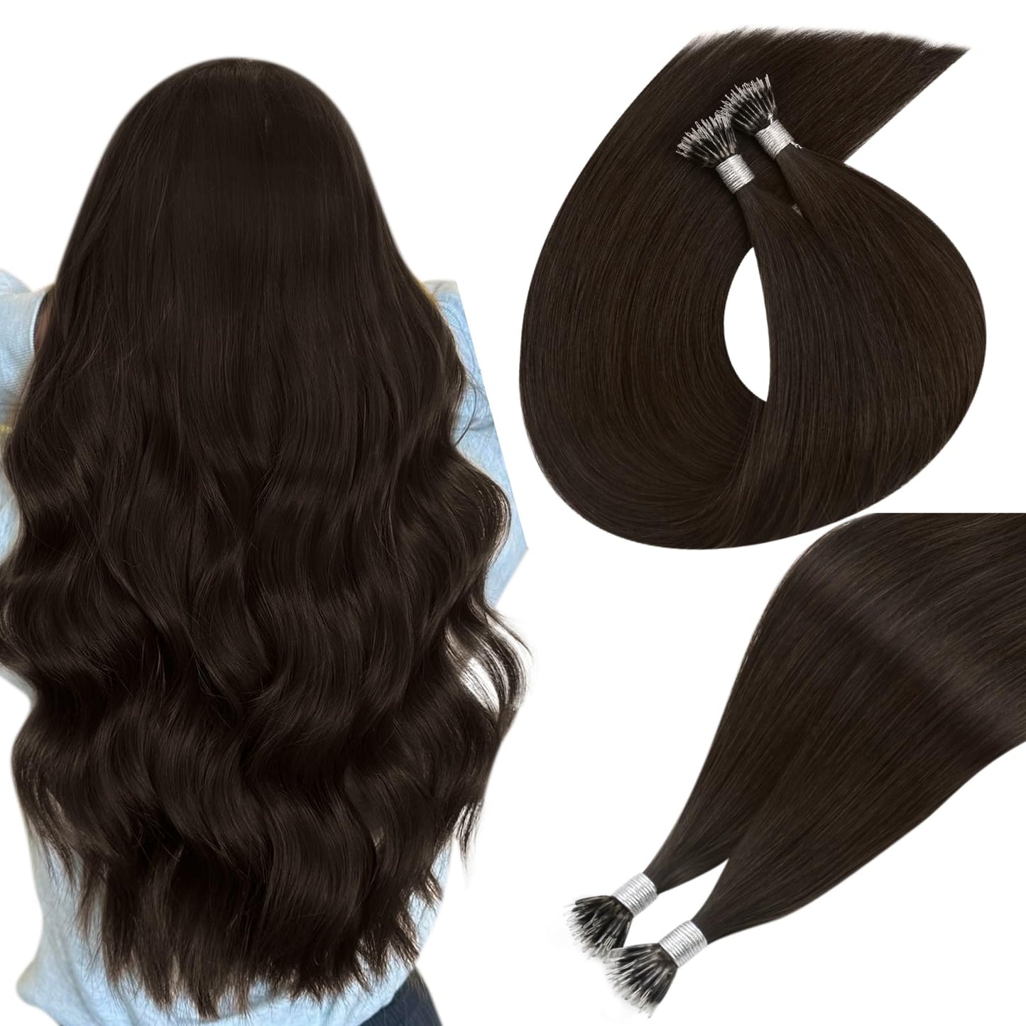 Easyouth Straight Nano Beads Hair Extensions Human Hair Brown Nano Tip Hair Extension Real Hair Darkest Brown Nanos Ring Extensi