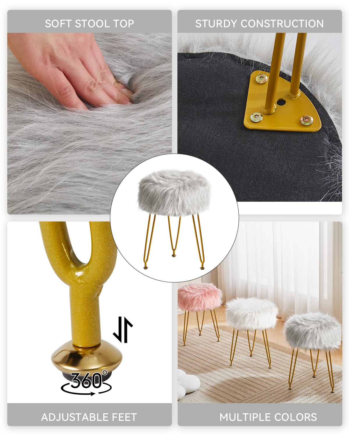 IBUYKE Faux Fur Vanity Stool Chair, Furry Makeup Stool Ottoman, Soft Padded Seat, Round Footrest Footstools with 4 Metal Legs, for Living Room Bedroom Entryway, Gray LG-32G