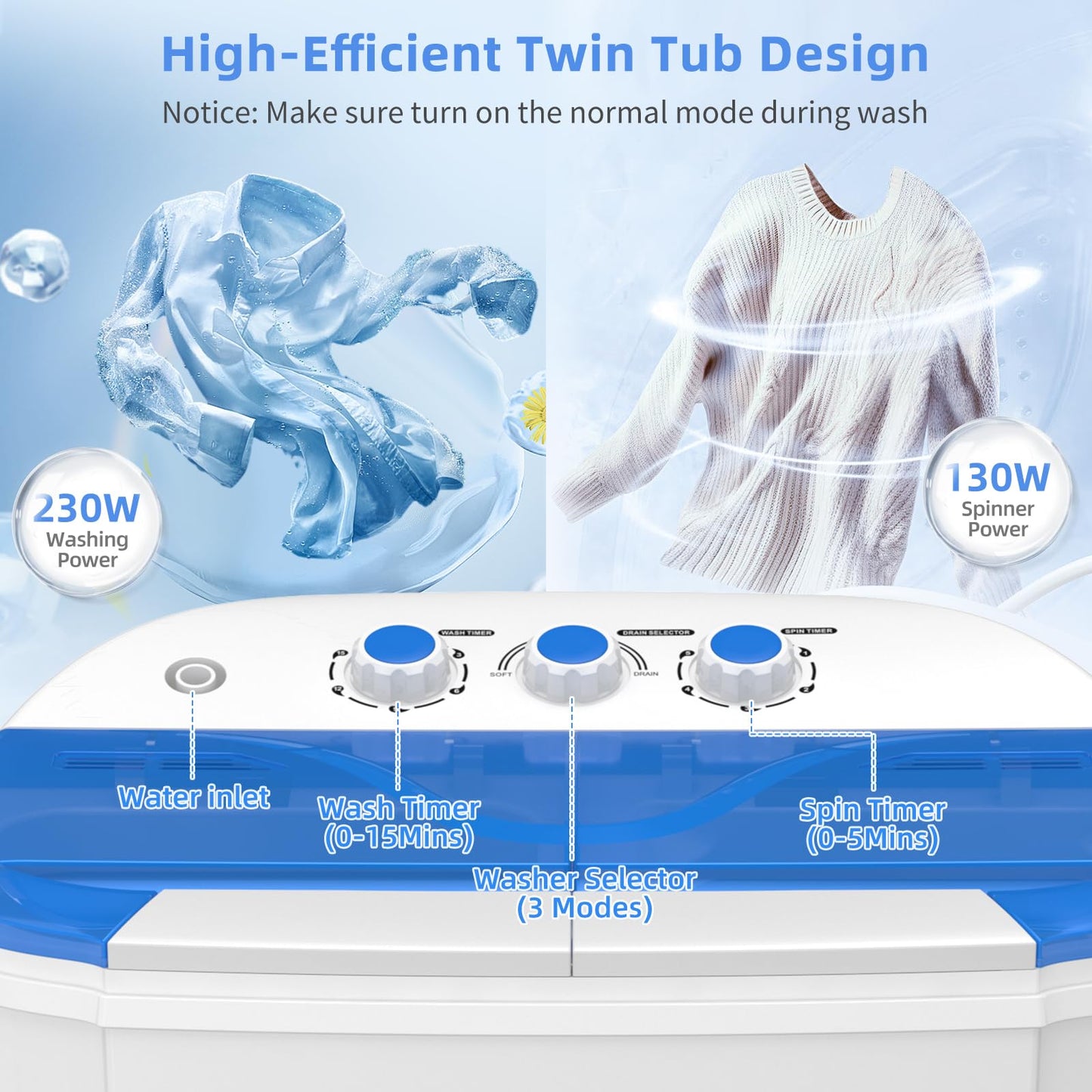 VCJ Portable Washing Machine, Twin Tub Washing Machine Laundry Compact Washer spinner Combo with 14lbs capacity, 9Lbs Washer and 5Lbs Spinner dryer for Apartments RVs and Dorms
