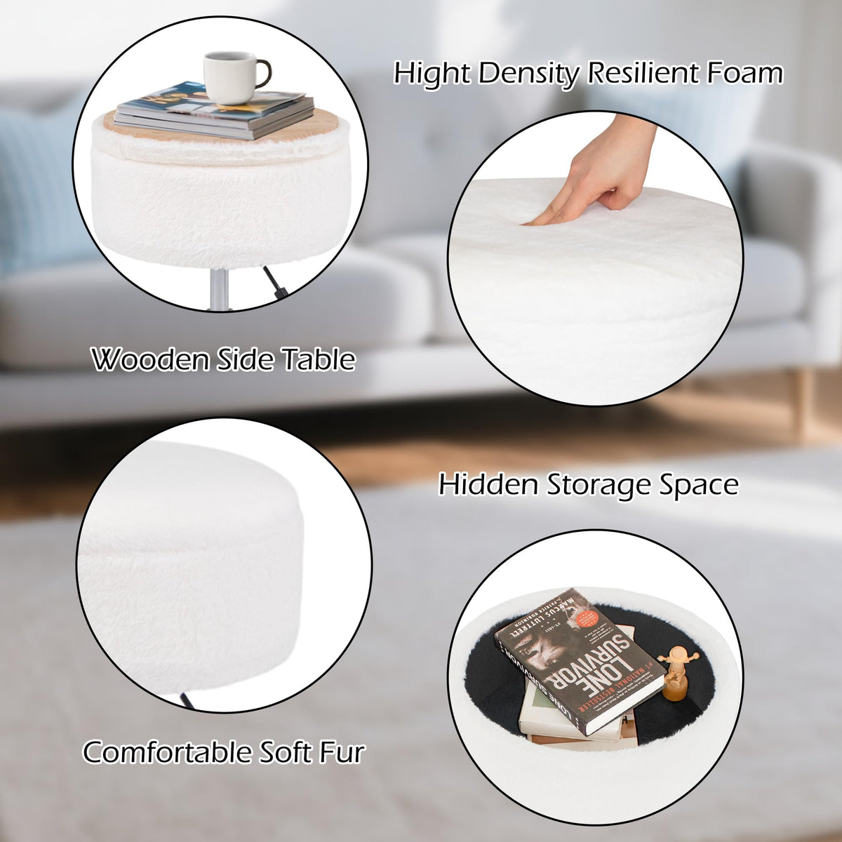 LITZFUR Adjustable Vanity Stool for Makeup Room, 360° Swivel Gold Vanity Chair, Faux Fur Round Storage Ottoman Footrest for Living Room Bedroom, White