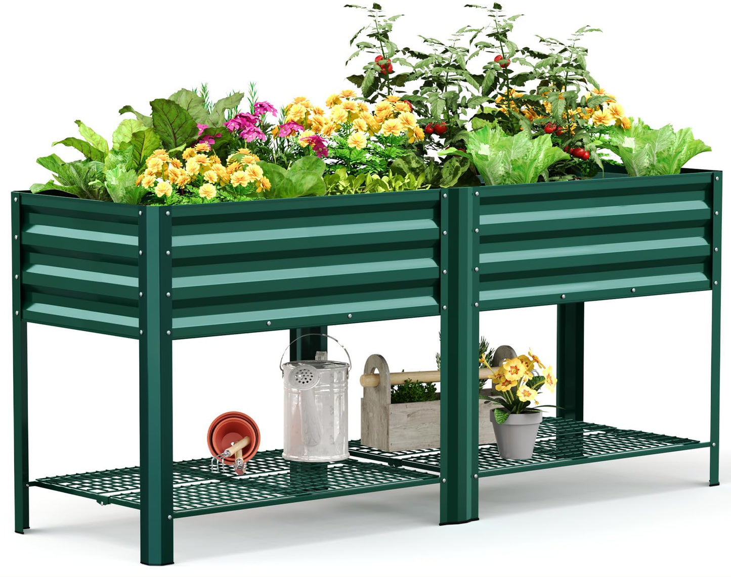 KING BIRD Large Raised Garden Bed with Legs & Storage Shelf Galvanized Elevated Planter Box for Backyard, Patio, Balcony, 600lb Capacity, Green 70.9x22.8x31.5 in