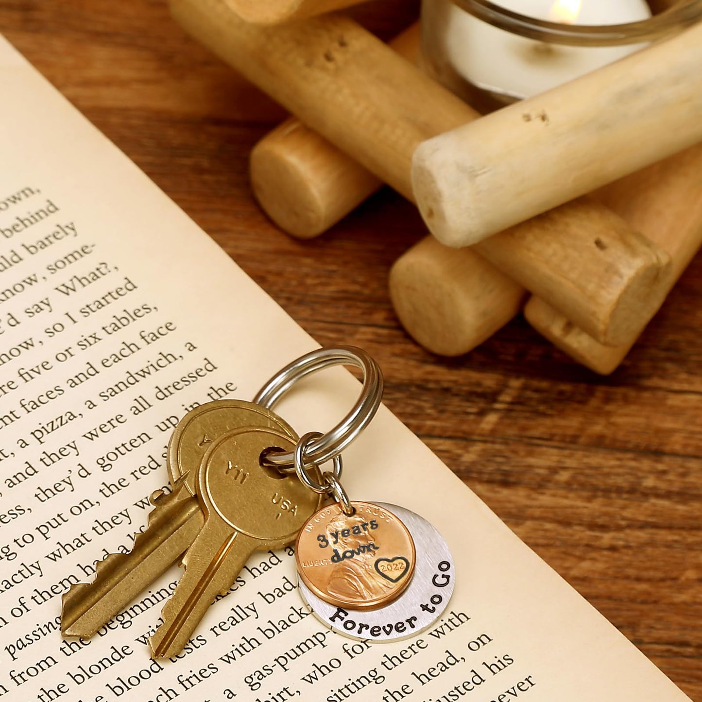 HRMYUDI 3 Years Anniversary Copper Gift for Man Woman, Coin Keychain with a 2022 Penny, 3 Years Down and Forever To Go Keyring, Third Anniversary Copper Gift for Him Her