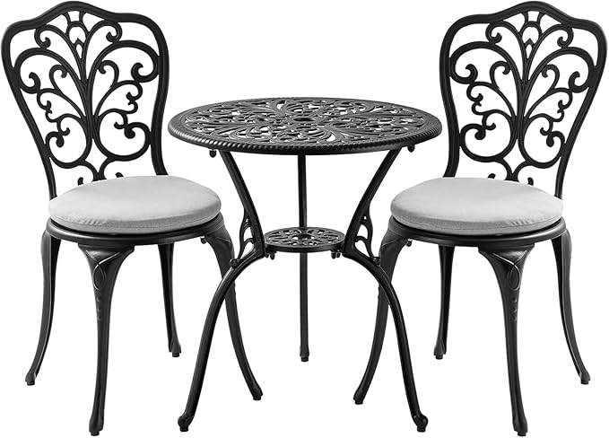 Withniture 3 Piece Bistro Patio Set Cast Aluminum Bistro Table and Chairs Set of 2 with Cushion,Outdoor Bistro Table Set with Umbrella Hole,Metal Patio Furniture Set for Garden,Black
