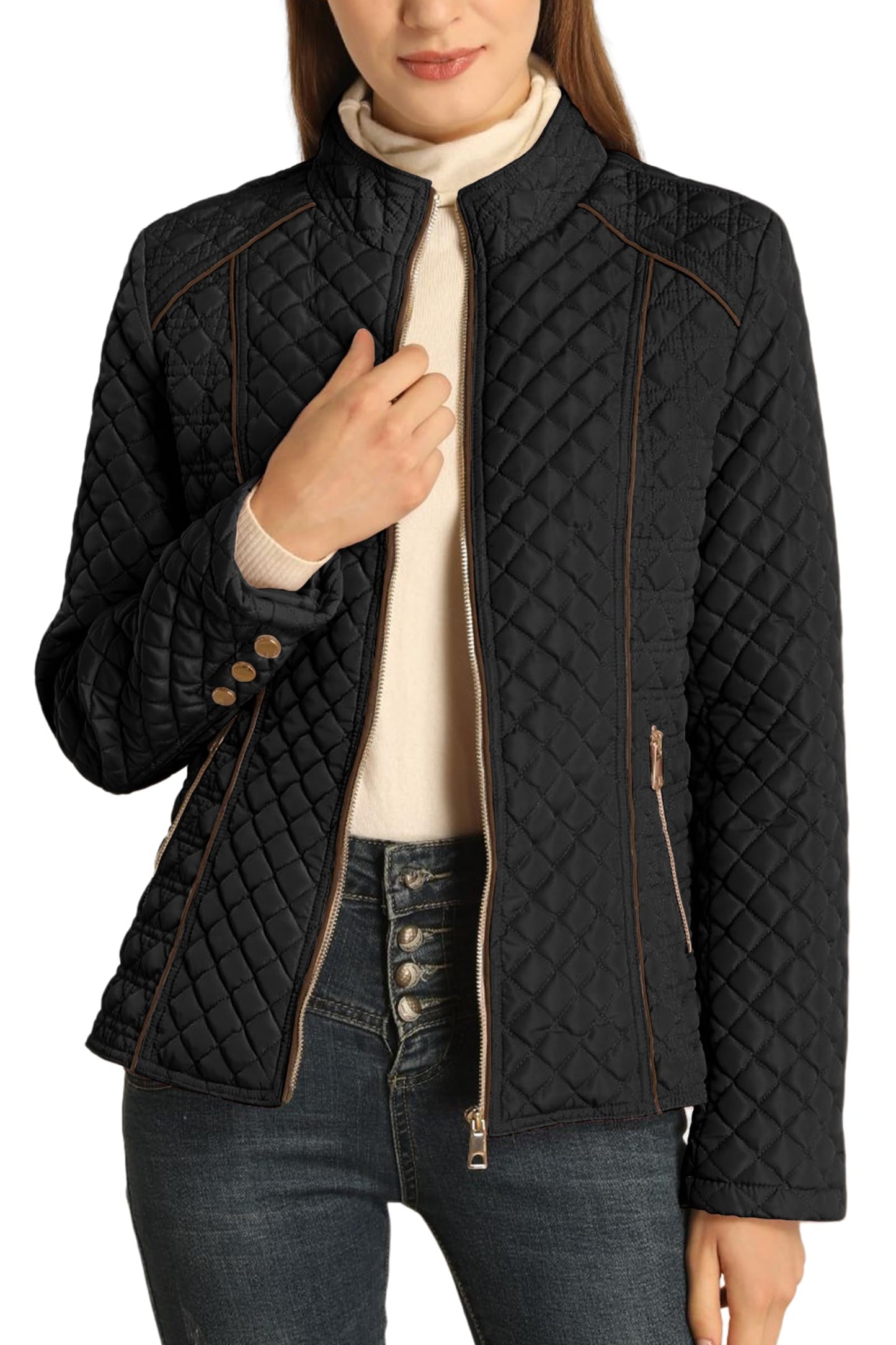 Bellivera Women's Stand Collar Lightweight Quilted Puffer Jacket Padded Zip Coat for Spring and Winter 087 black S