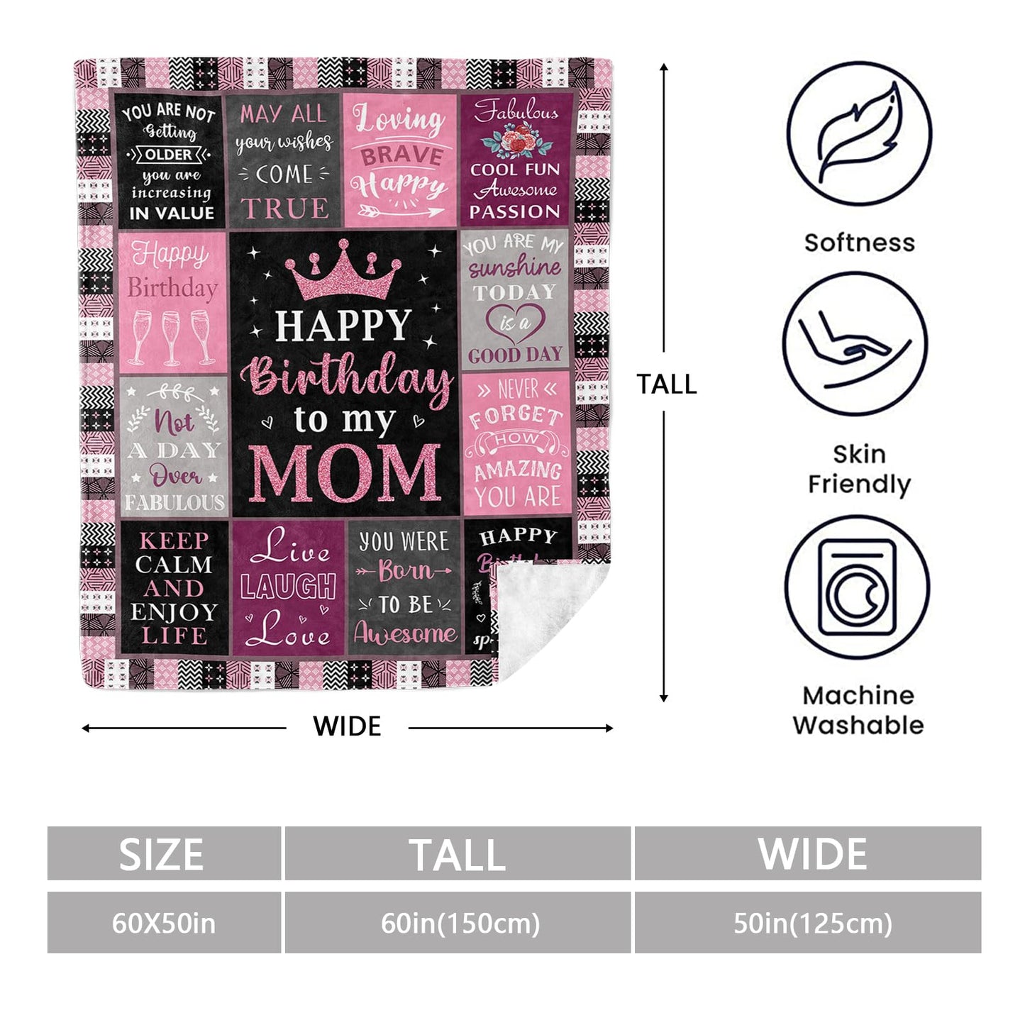 Mosslink Mom Birthday Gifts from Daughter Son, Birthday Gifts for Mom/Mother, Gifts for Moms Birthday Unique, Happy Birthday Mom Gift Ideas Blanket 60"x50"