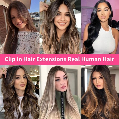 Goulus Human Hair Extensions Clip in 8PCS 120g Balayage Natural Black Mixed Chestnut Brown Remy Human Hair Clip ins Hair Extensions Real Human Hair Extensions(1B/6/1B,16inch)