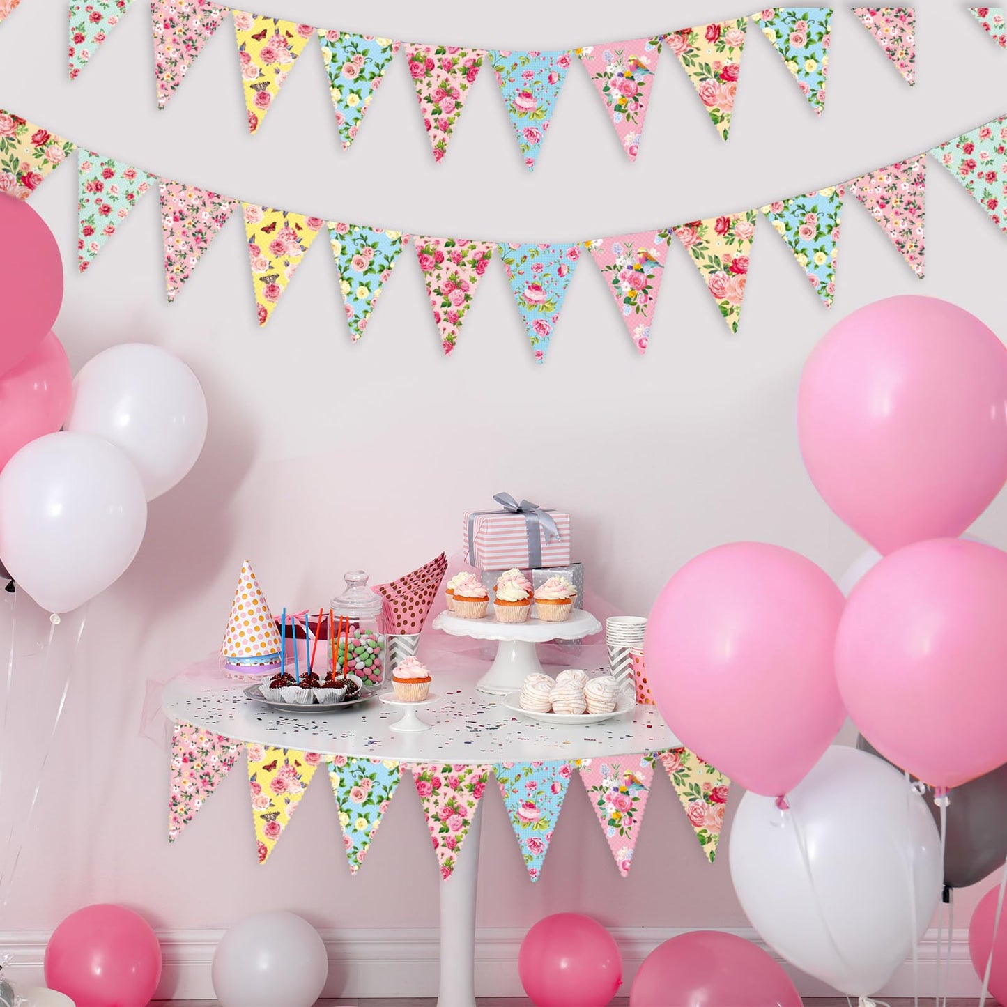 Faccito 49 ft 60 Pcs Tea Floral Party Paper Bunting Decor Outdoor Bunting Banner Floral Pennant Banner Tea Party Birthday Supplies for Wonderland Garden Baby Shower Bridal Wedding Bedroom