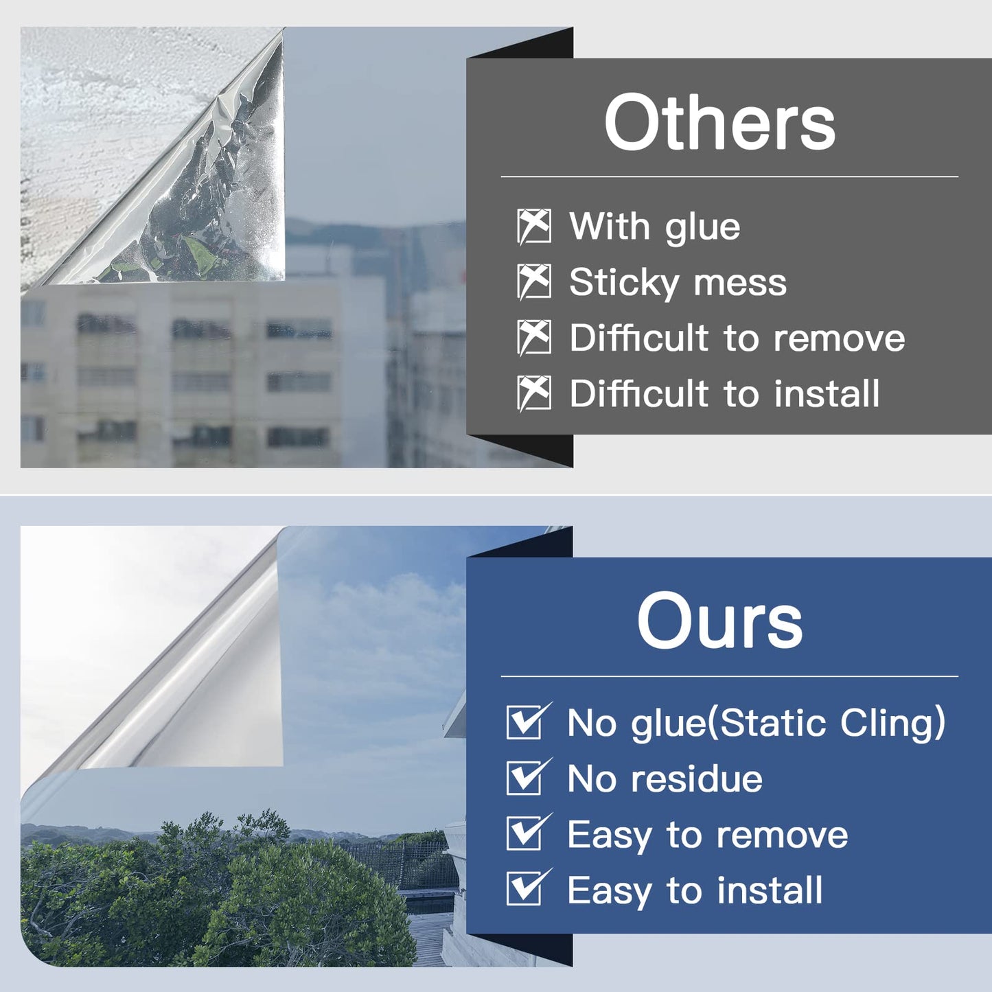 Haton Window Privacy Film One Way Window Tint for Home, Sun UV Blocking Reflective Mirror Film Heat Control, No Glue Static Cling See Out Not in Glass Door Covering, Silver, 17.5" x 78.7"