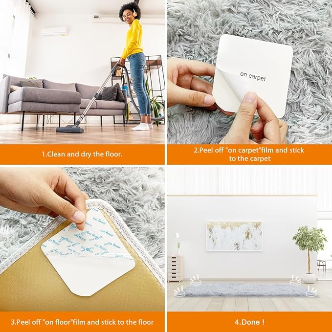 8 Pcs Rug Tape, Reusable Carpet Tape for Area Rugs，Non Slip Rug Pads Grippers for Hardwood Floors and Tiles, Double-Sided Adhesive Rug Stickers Keep Corners Flat, No Damage to Floor
