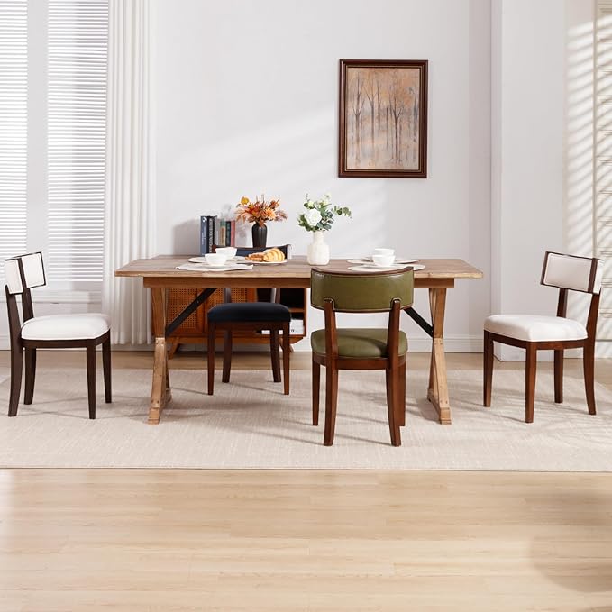 DM Furniture Farmhouse Dining Chairs Set of 6 Upholstered Linen Fabric Dining Room Chairs Mid Century Modern Kitchen Chairs Solid Wood Dinner Chair with Curved Wing Back for Dining/Living Room