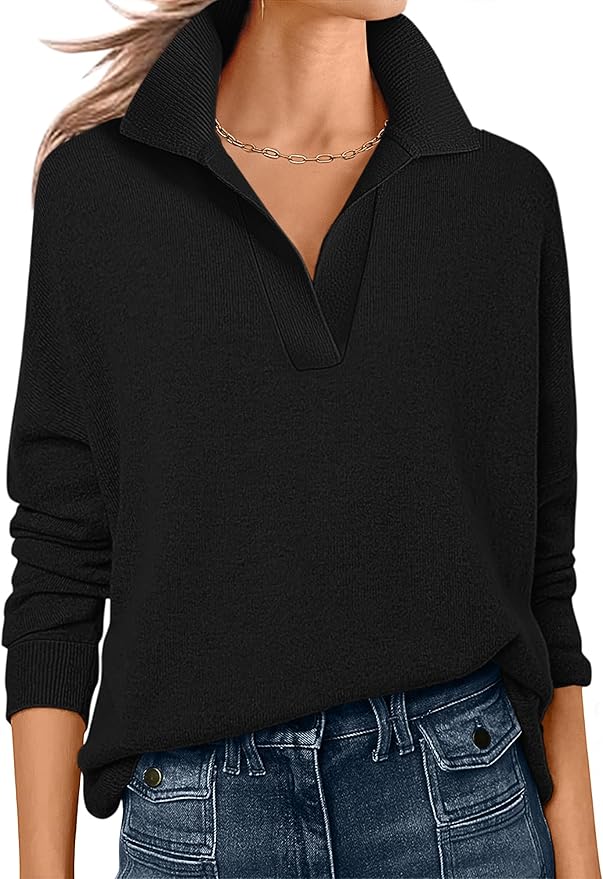 ANRABESS Womens Polo V Neck Long Sleeve Sweaters Lightweight Dressy Casual Business Basic Knit Pullover Top 2025 Fall Outfits