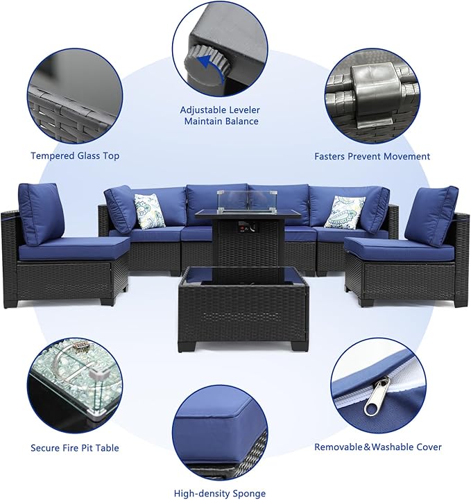3D MATRIX 8 Pieces Patio Furniture Set with 28" Fire Pit Table, Wicker Outdoor Sectional Couch, Rattan Conversation Set for Backyard, Deck, Garden Lawn, Coffee/Blue