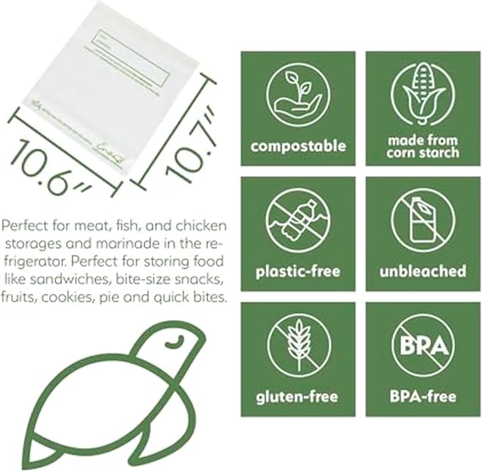 100% Compostable Food Storage Bags [Gallon 50 Count] Eco-Friendly Freezer Bags, Resealable-Bags, Heavy-Duty, Reusable, Off-White by Earth's Natural Alternative (Pack of 8)