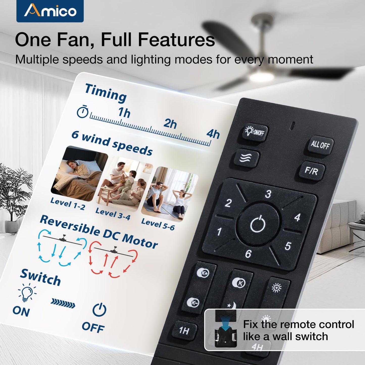 Amico 52 inch Ceiling Fans with Lights, Ceiling Fan with Light and Remote Control, Dimmable, 3CCT, Quiet, Nickel Modern Ceiling fan For Living Room, Bedroom, Farmhouse, Kitchen