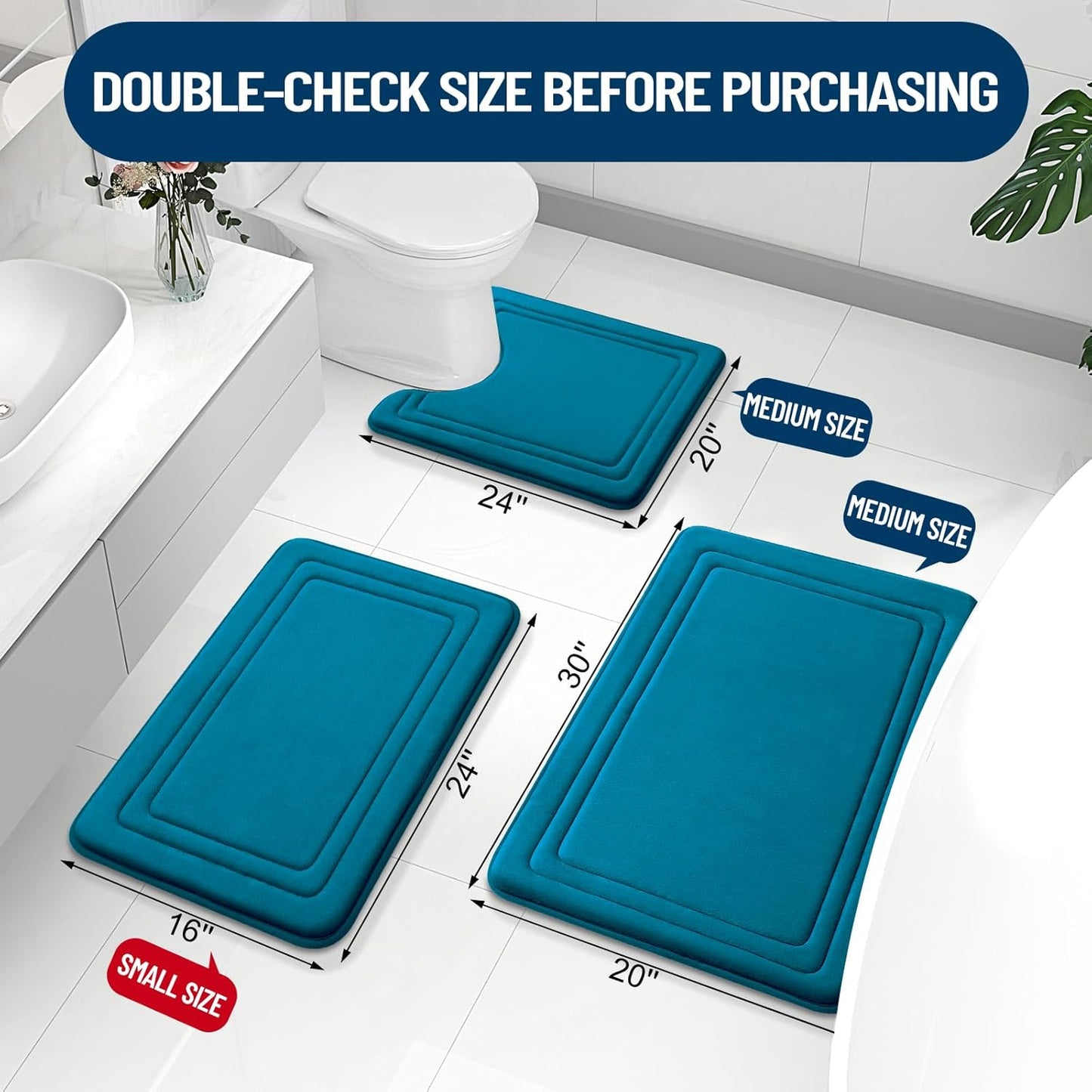 Grandaily Memory Foam Bath Mat Rug 24x16, Ultra Soft, Non-Slip and Absorbent Bathroom Rugs, Machine Wash Dry, Comfortable Bath Carpet for Bathroom Floor, Tub and Shower, Peacock Blue