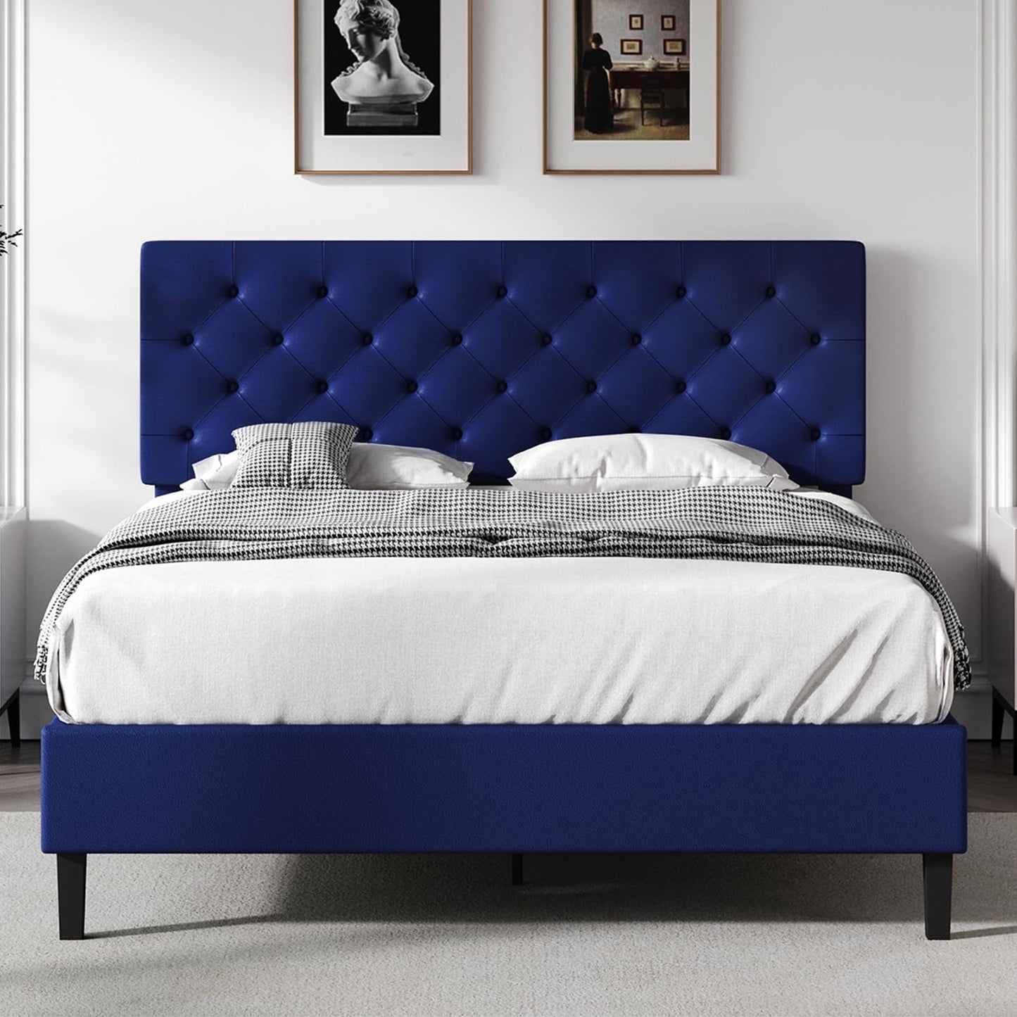 REVOMINCA Upholstered Queen Size Bed Frame with Headboard, Platform Bed with Button Tufted Desigh, No Box Spring Required, Easy Assembly, Navy Blue