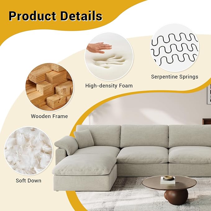 Cloud Modular Couch for Living Room,L Shape Linen Blend Sofas,Modern Deep Seat Cloud Sofas,Convertible Comfort Down Filled Sectional Couches,Removable Washable Cushion Covers,Light Biege
