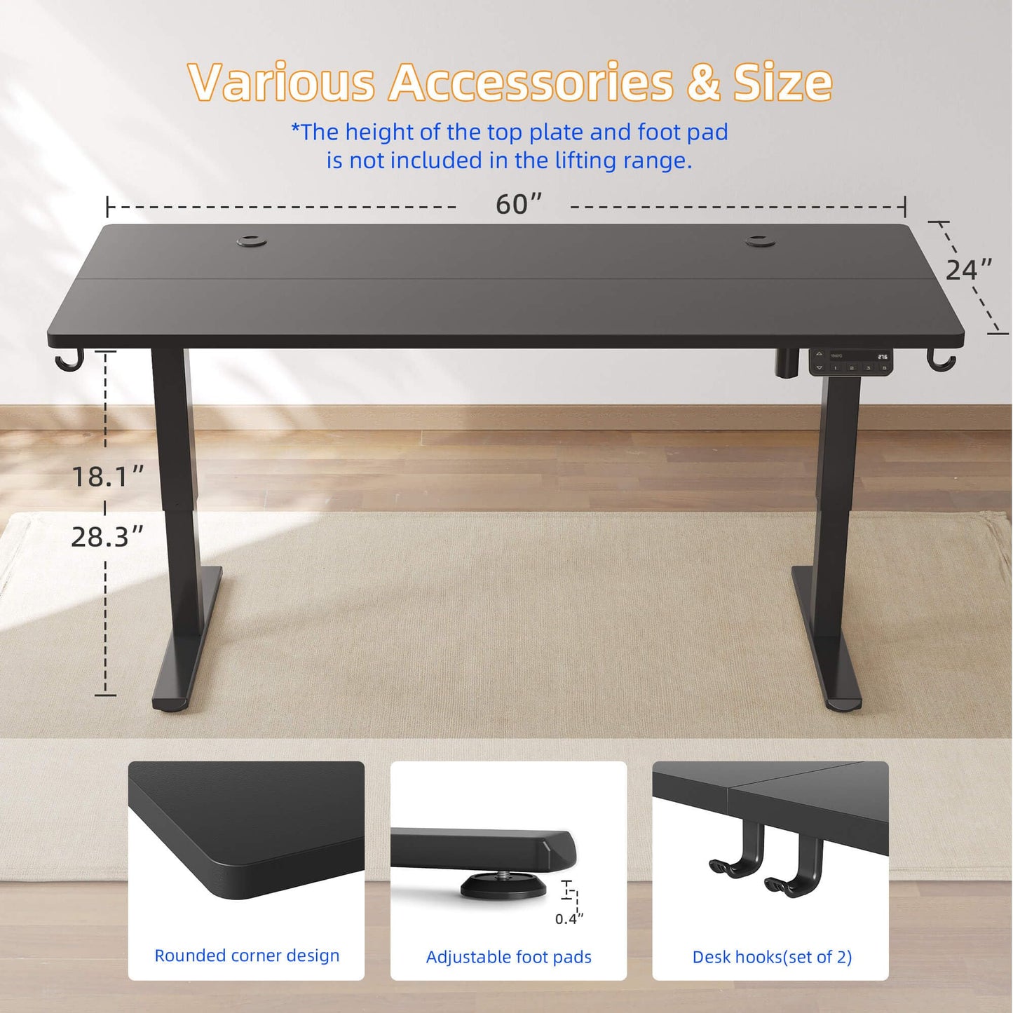 YIHAYO Low Height Adjustable Desk, Lifts 18.1-28.3 Inches, Electric Standing Desk for Short People, 60 x 24 Inches Computer Table with Splice Board for Home Office, Black