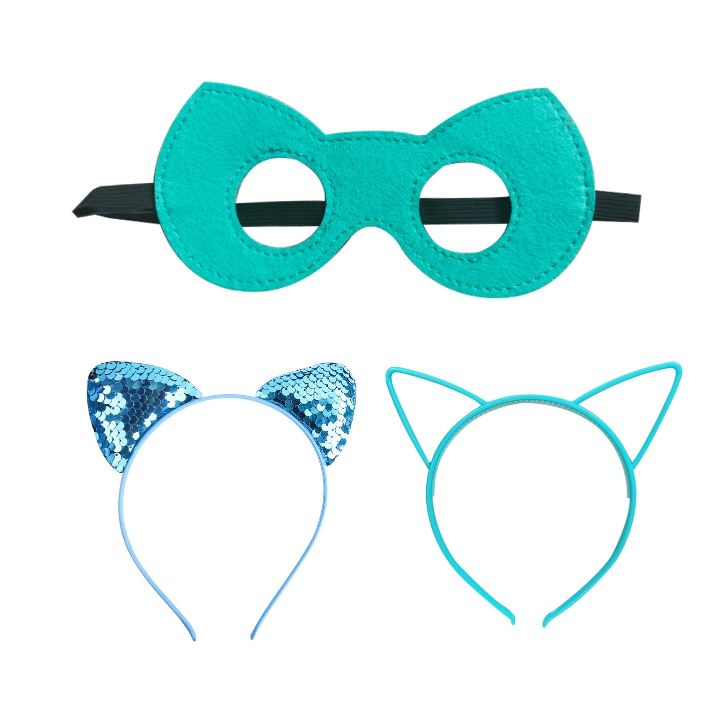 CheerfulChic Princess' Costume Set, Dress with Superhero Logo, Cat Ear Headbands, Mask, 4 Pieces, For Birthday Halloween Christmas （110cm/3-4T） Blue green