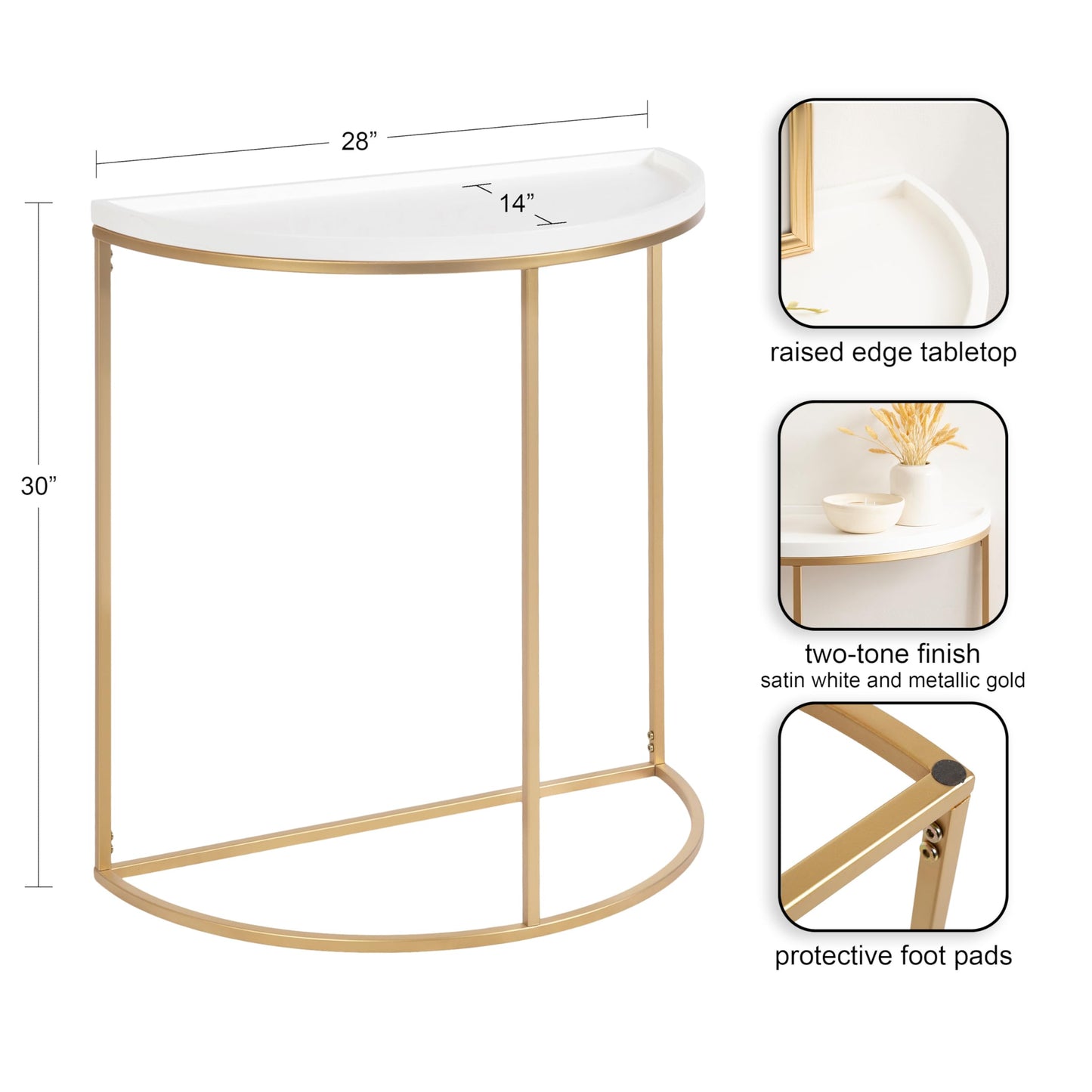 Kate and Laurel Dorrah Modern Round Console Table; 28 x 14 x 30; White and Gold; Glam Half-Circle Entryway Table for Storage; Organization; and Display