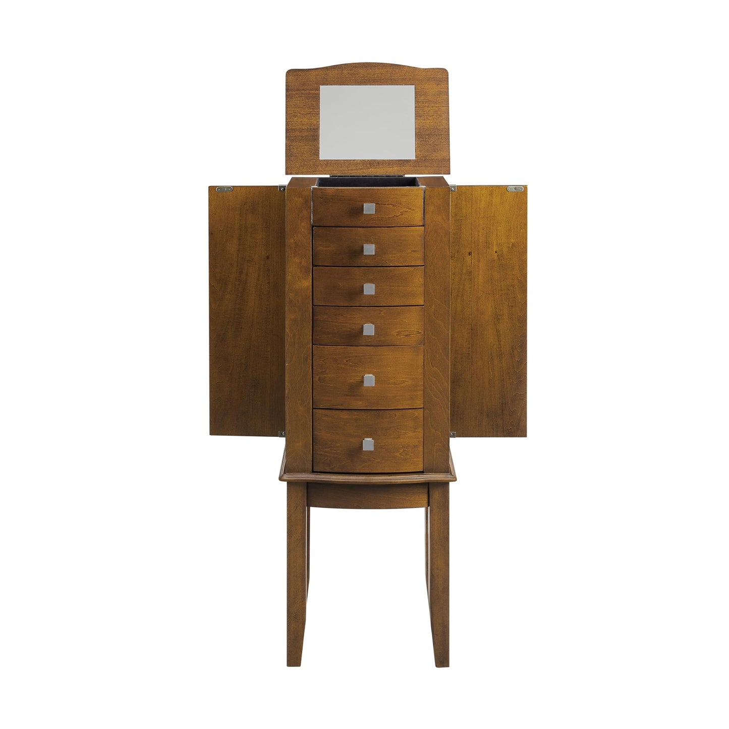 Powell Janie Walnut Five Drawer Jewelry Armoire with Flip-Up Top Mirror