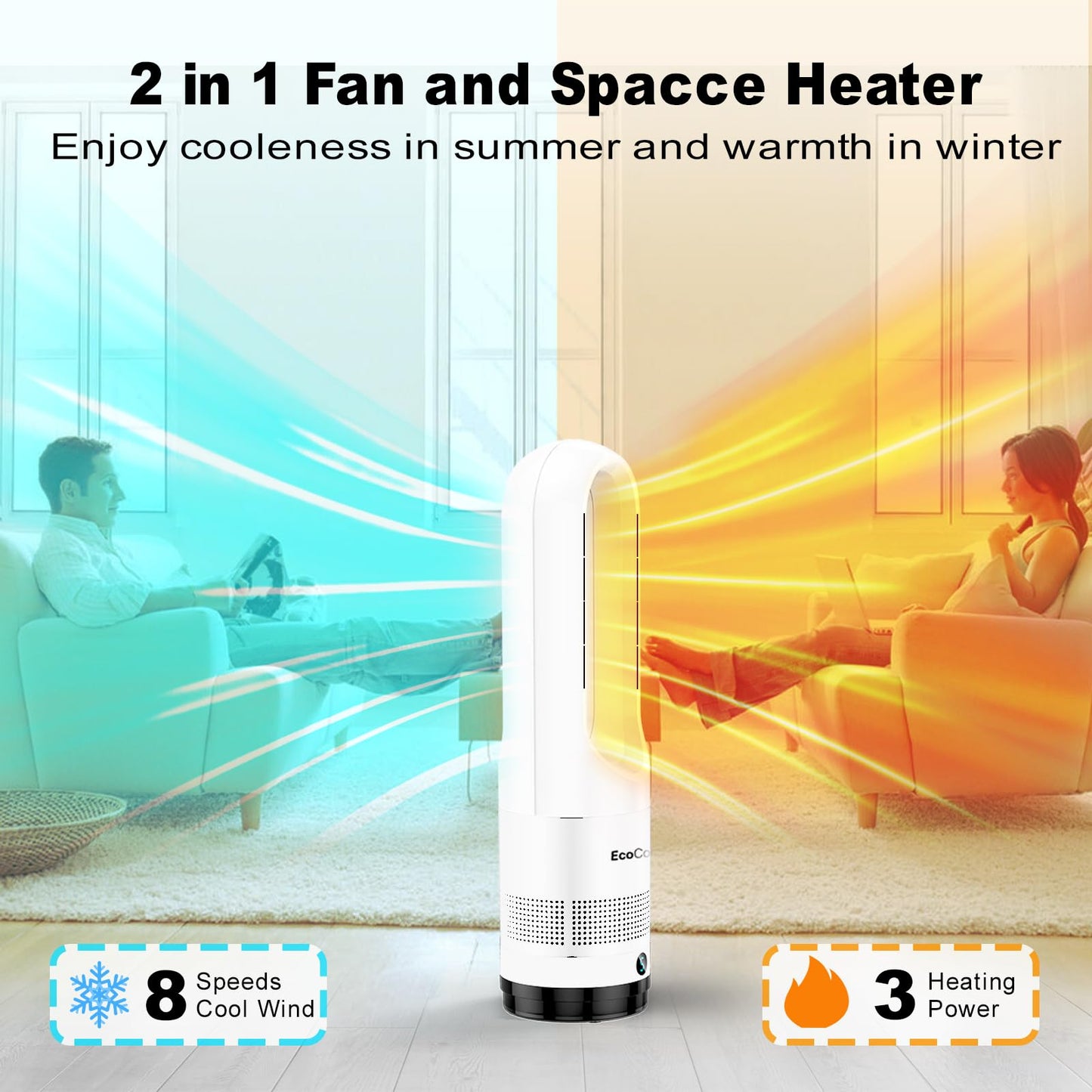 Bladeless Tower Fan for Bedroom, 22Inch 1400W Space Heater & 40W Cooler Fan Combo with Remote, Overheat & Tip-Over Protection, 80° Oscillating, 9H Timer, LED Display for Bedroom, Kitchen, Office