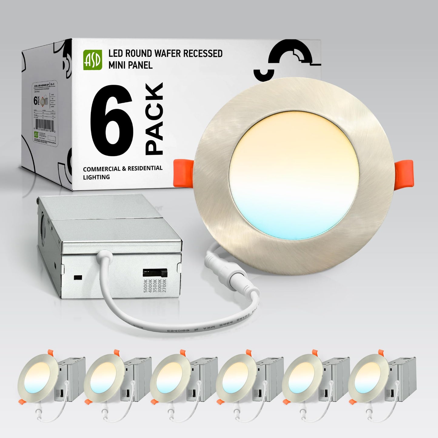 ASD 6 Pack LED Recessed Lighting 4 Inch 9W, 5 CCT 2700K-5000K CRI90+, IC Rated Ultra Thin Dimmable Ceiling Lights with J Box, Canless Wafer Downlight, Round Slim Panel Light, Energy Star ETL, Nickel