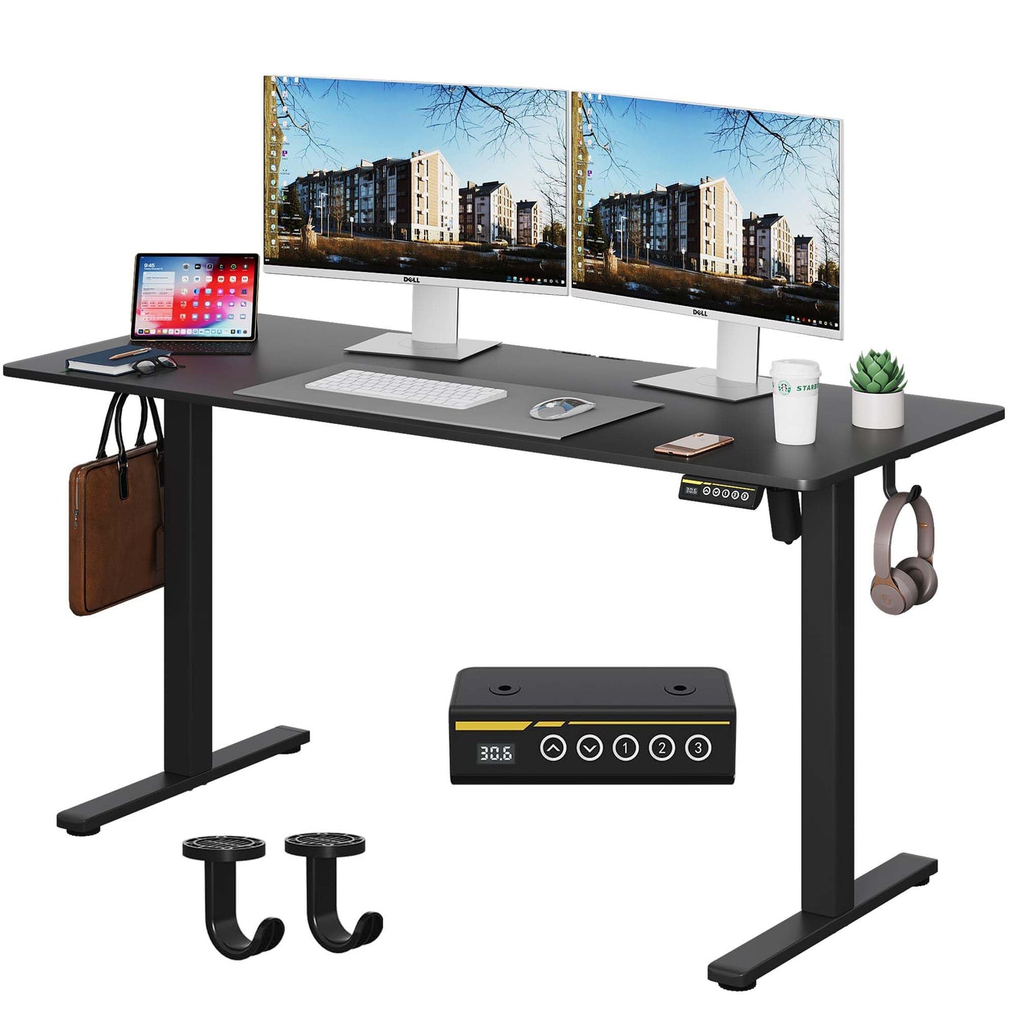 Gamork Large Electric Standing Desk,55x24 Inches Adjustable Height Stand up Desk, Sit Stand Home Office Desk, 3 Preset Heights,Equipped with Hooks,Ergonomic Computer Desk Workstation，Black