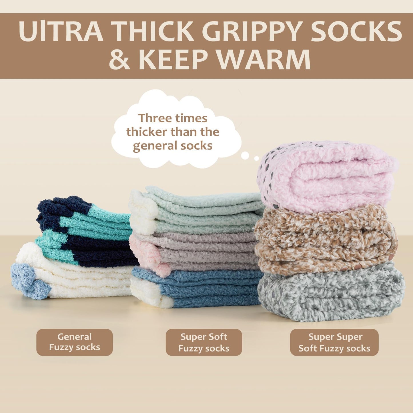 Revosoxs Fuzzy Grip Socks for Women Men,Thick Warm Slipper Cozy Fluffy Non Slip Ankle Hospital socks With Grips.（Pink+Grey+Green+Purple）