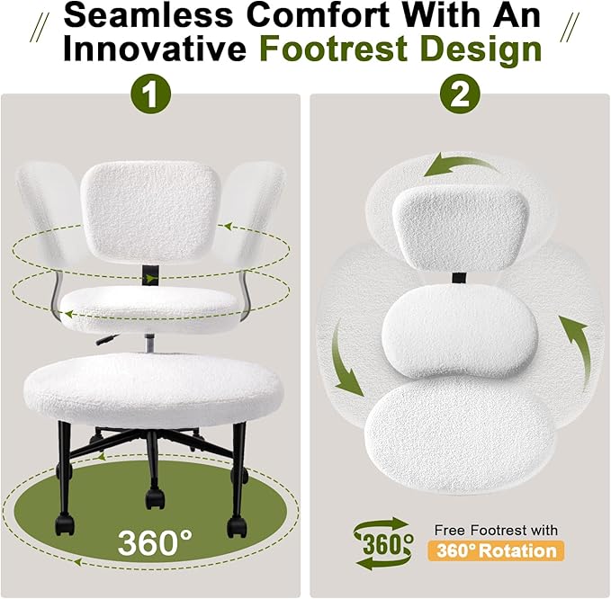 VITESSE Cross-Legged Ergonomic Chair 360° Swivel with Wheels, Adjustable Meditation Seat for ADHD, Lumbar Support, Teddy Fabric Home Office Chair,Off White