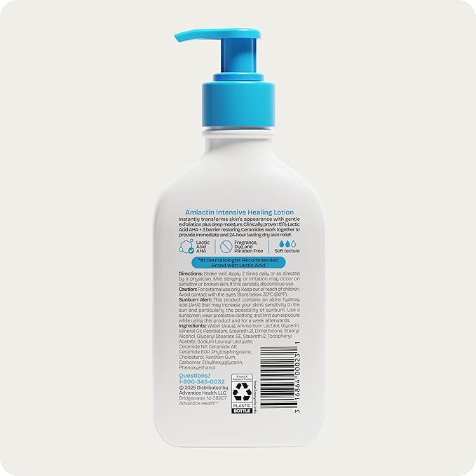AmLactin Intensive Healing Body Lotion - Therapeutic Lotion for Extremely Dry Skin - No-Scrub Exfoliator and Moisturizer with 15% Lactic Acid AHA and Ceramides, 7.9 oz (Packaging May Vary)
