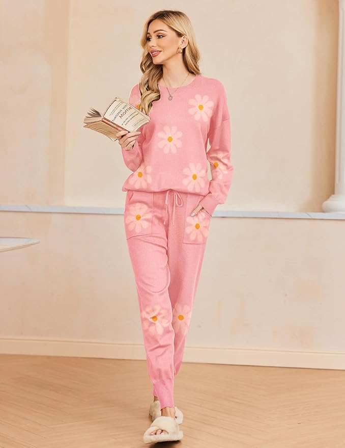 Ekouaer Women's 2 Piece Lounge Set Long Sleeve Knit Pajamas Sweatsuit Jogger Pant Outfits With Pockets S-XXL
