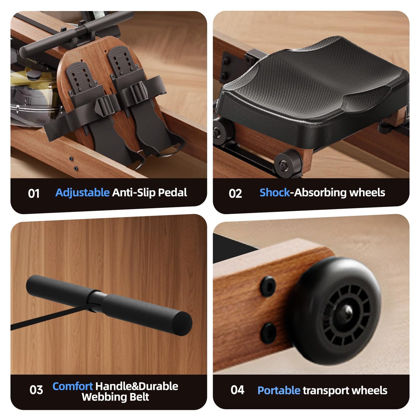 YPOO Water Rowing Machine for Home, Foldable Rower Machines with Comfortable Seat and Quick-Folding Design, Wooden Water Rower with 350LBS Weight Capacity