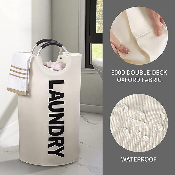 ZEROJETLAG 82L Large Laundry Basket Collapsible Hamper with Handles, Double Layer Waterproof Fabric Dirty Clothes Basket, Foldable Freestanding Bin Laundry Hamper for Dorm, Bathroom & Bedroom (Beige)