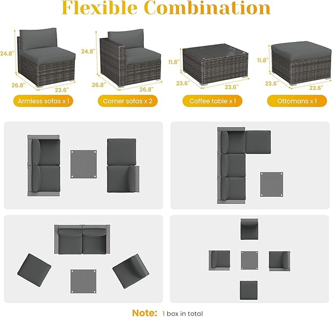 May in Color 5 Piece Outdoor Patio Sectional Furniture Set, Weather Resistant Rattan Outside Couch, Waterproof Conversation Sofa for Balcony, Porch, Backyard, Deck, Garden, Grey