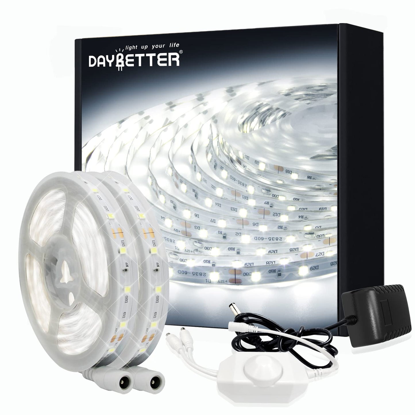 DAYBETTER White LED Strip Lights, 50 ft Dimmable 6500K Bright White Strip Lighting, 900 LEDs Tape LED Lights for Bedroom, Mirror, Kitchen, Home Decoration(2 Rolls of 25 ft)