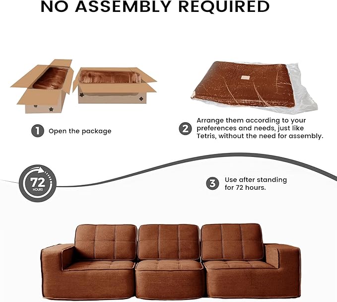108" Boneless sectional Couch for Living Room,Convertible L-Shape Fleece Couches with Ottoman, Cloud Modular Sofa with Deep Seat for Bedroom, No Assembly, Orange