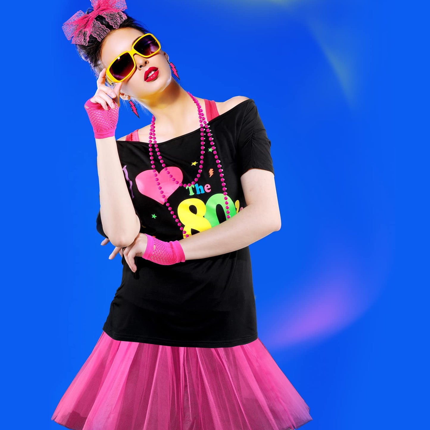 Didaey I Love The 80's Disco 80s Costume Print Off Shoulder Tops Tank Top Headband Earring Necklace Legwarmers Fishnet Gloves (Rose Red,XX-Large)