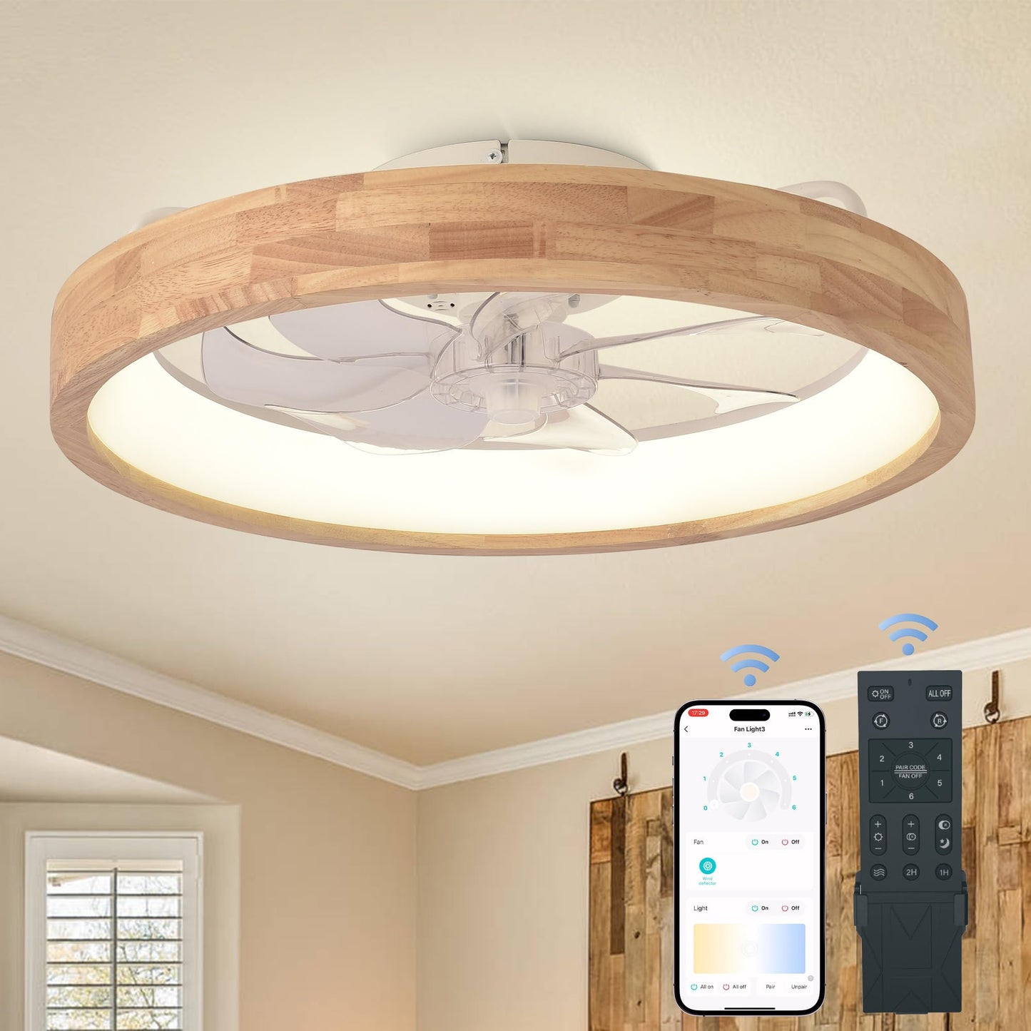 Oaks Aura 20” Ceiling Fan with Light, 3 Color Dimmable LED, 6 Speeds,Reversible Modern Wooden Flush Mount Low Profile Ceiling Fans with Lights and Remote for Bedroom/Kidsroom/Dinng Room