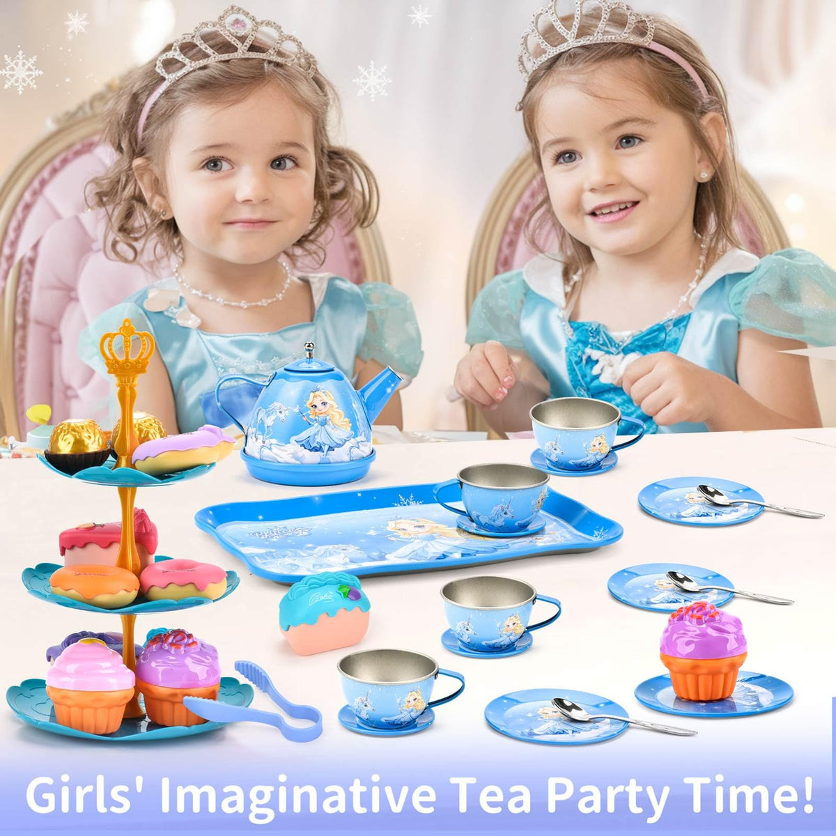 Amplov 43-Piece Princess Tea Set Playset for Kids – Pretend Play Kitchen Toy with Teapot, Desserts & Carrying Case | Toddler Tea Party Toys, Imaginative Role Play, Birthday Gift for Girls Ages 3-8