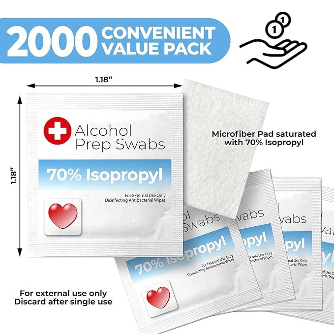 Alcohol Prep Pads - 70% Isopropyl Alcohol Wipes, 2000 Pack Individually Wrapped Alcohol Pads Bulk - Great for Home, Medical and First Aid Kits