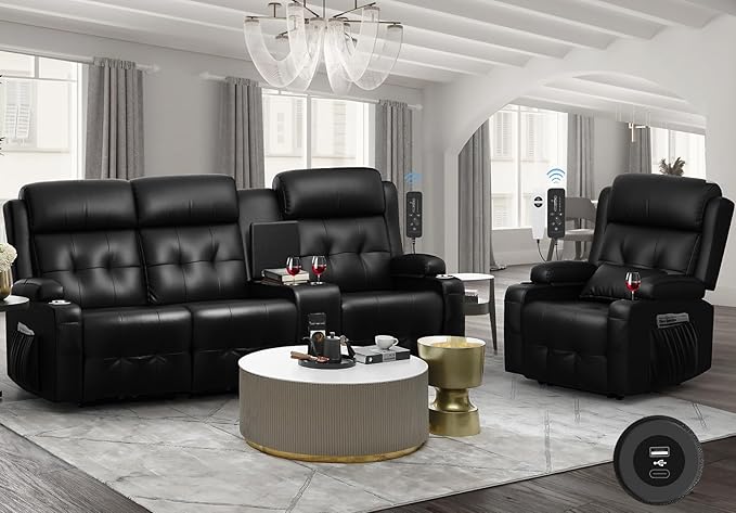 Aotolo Recliner Sofa, 3 Seater Massage Reclining Loveseat Sofa Sets, 1 Single Power Recliner Chairs Heat & Massage, Heavy Weight Capacity, RV Clearance Love Seat Couch with Console, USB, Type C Port