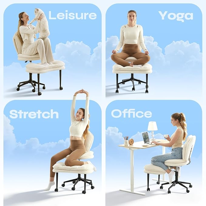 Ergonomic Cross Legged Office Chair for ADHD, Kneeling Chair with 360° Swivel Wheels and Reversible Seating for Meditation, Adjustable Height and Seat Deapth, Teddy Fabric, White