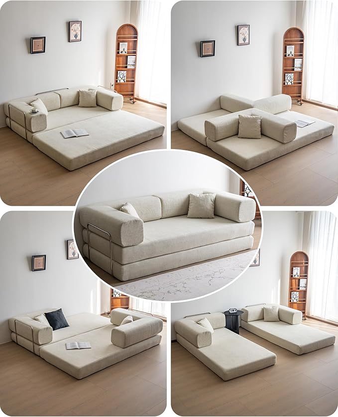 No Assembly Convertible Sofa Bed & 79" Boneless Couch with Pocket , 5-in-1 Futon Sofa Bed with 2 Pillows Modular Pull Out Couch Bed with Frame,Compression in Box for Living Room Small Spaces Beige
