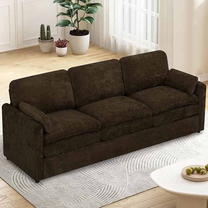 ACMEASE 89” Chenille Sofa w/Two Arm Pillows, Upholstered 3 Seater Sofa w/Comfortable Back Cushions, Modern 3 Seats Couch w/High-Density Foam for Living Room, Apartment, Office, Brown