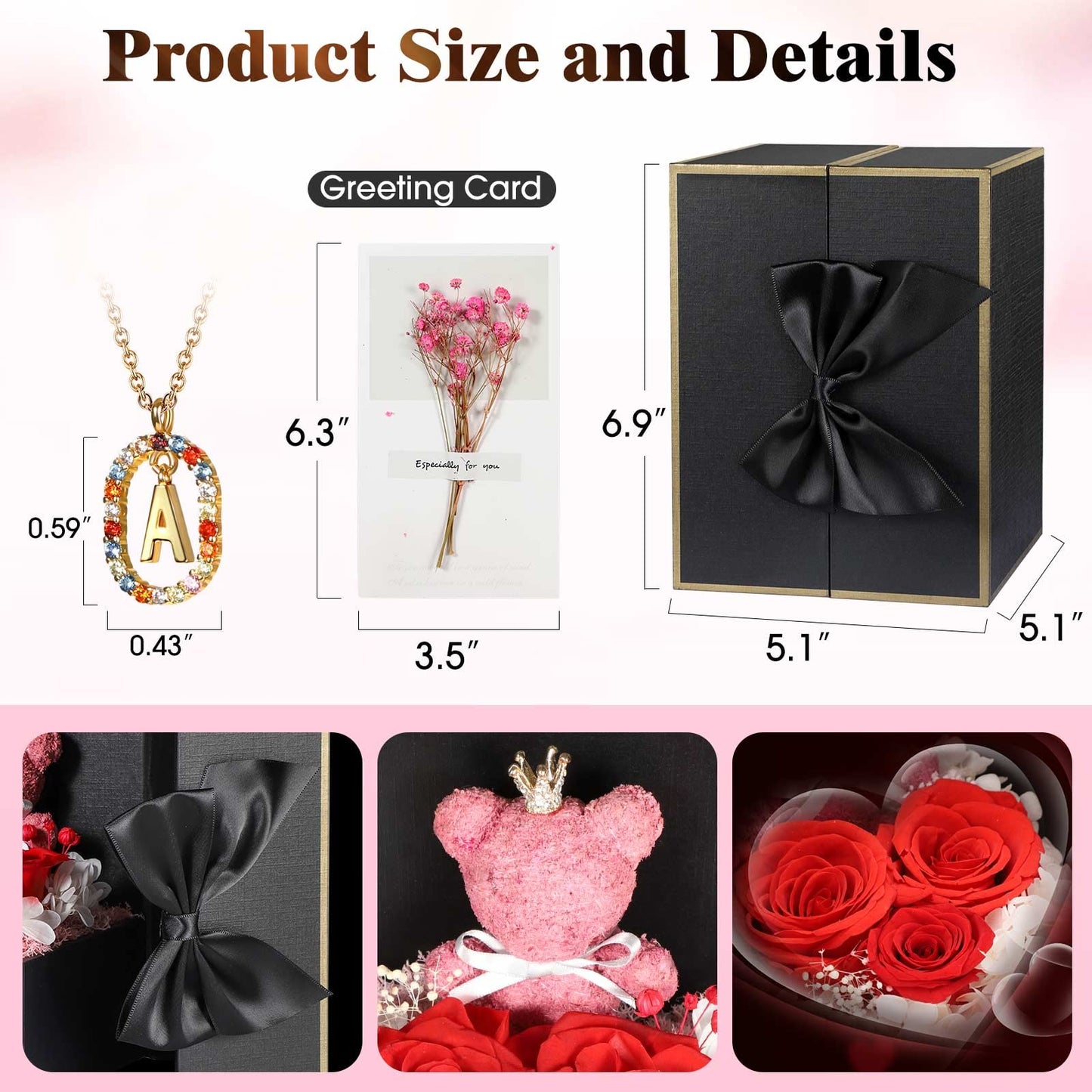 Cute Preserved Real Roses Bear Gift Box for Girlfriend with Initial Necklace A, Unique Birthday Gift for Mom, Her, Grandma, Anniversary Presents for Wife
